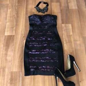 Cache Strapless Black and purple cocktail dress
